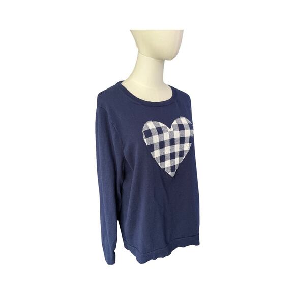 J.Crew Teddie Sweater Women's XXL (XL) Navy Blue Gingham Heart 100% Cotton - Picture 3 of 7